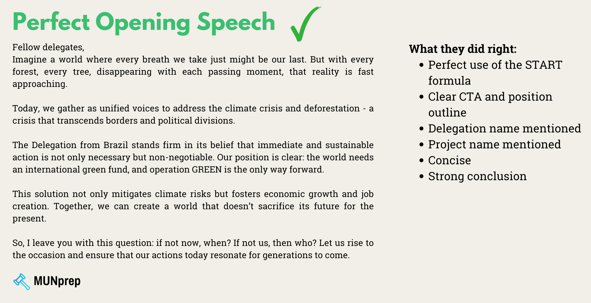 Sample of an ideal opening speech that includes the START formula, a clear CTA, and a strong conclusion