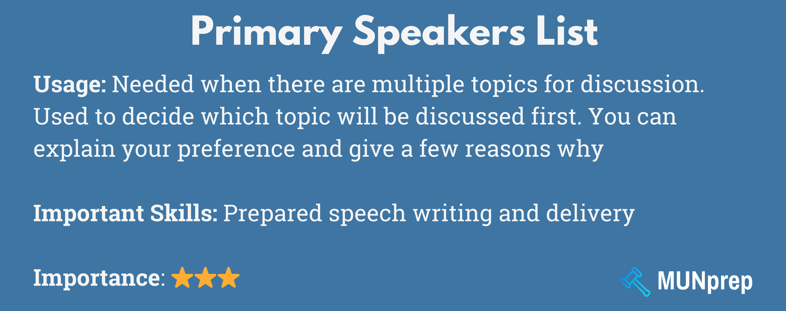 Diagram outlining the importance of a Primary Speakers List - including that it prioritizes prepared speech writing and delivery