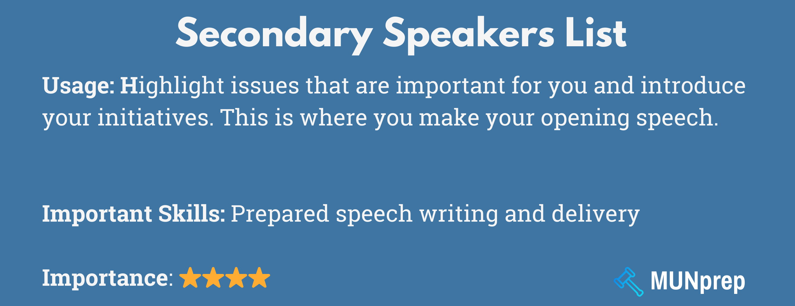 Diagram outlining the importance of a Secondary Speakers List - including how it is the point where you deliver your opening speech