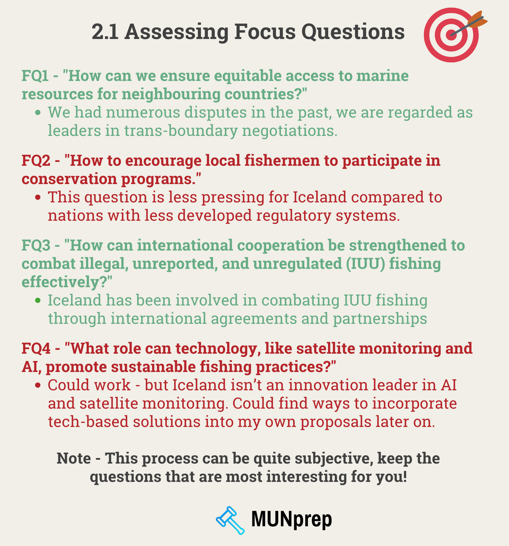 Worked example of a MUN research process, showing a delegate choosing two focus questions from a list of 4, we explain that this process can be somewhat subjective. 